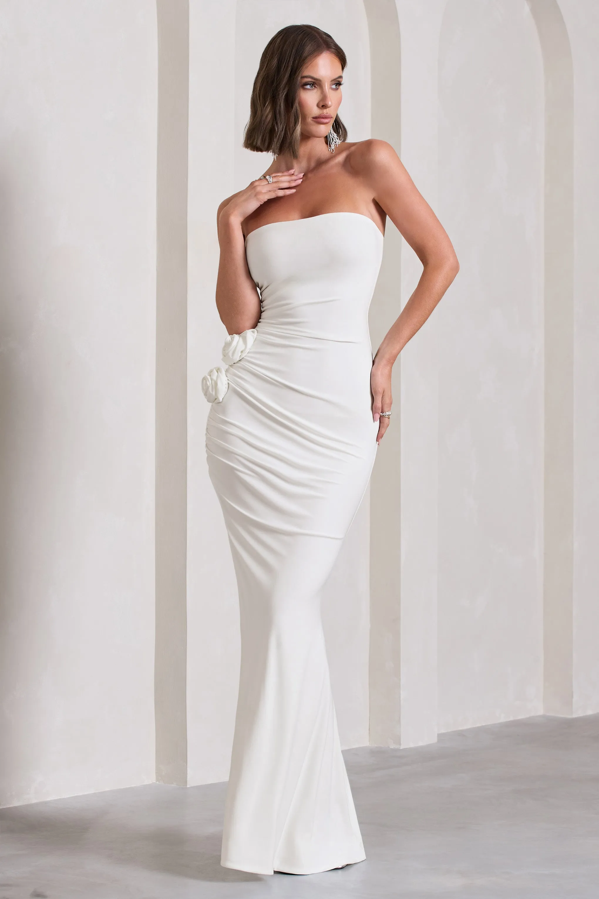 My Muse | White Ruched Bandeau Split Maxi Dress With Flowers sold by Club L London product image thumbnail 5