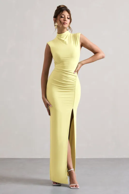 Lanetta | Lemon Ruched High-Neck Maxi Dress With Split sold by Club L London