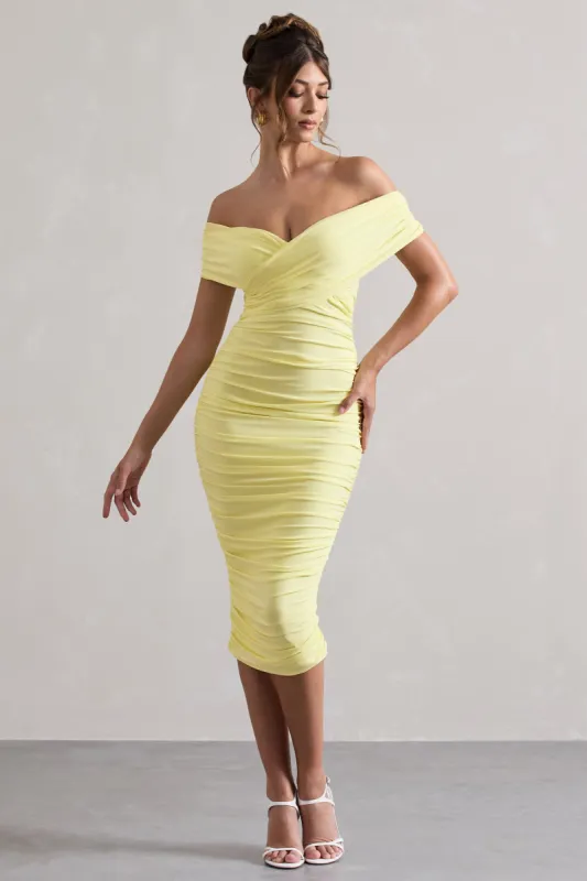 Unwrapped | Lemon Ruched Twist Bardot Midi Dress sold by Club L London