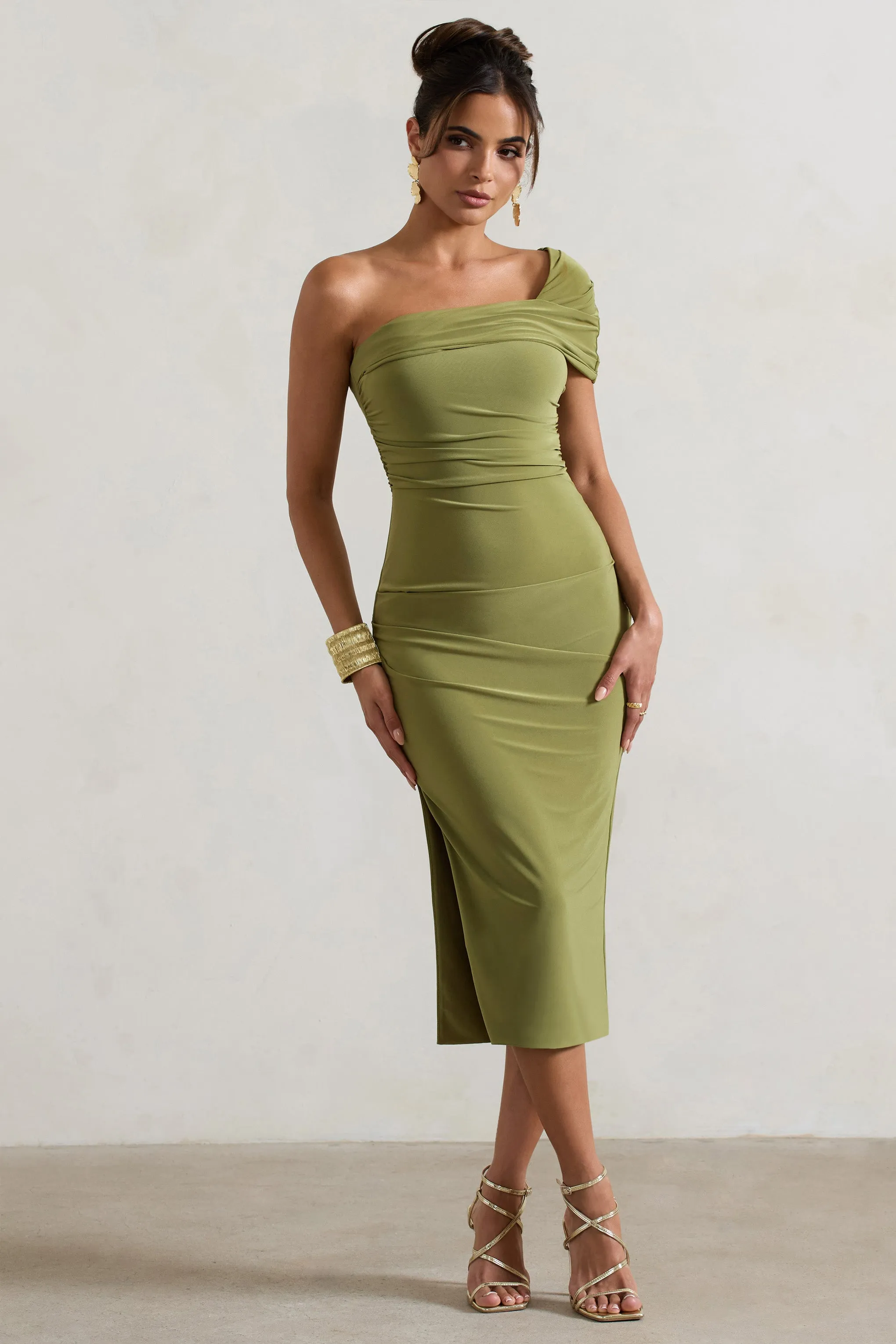 Hawaii | Olive Asymmetric One-Shoulder Split Midi Dress sold by Club L London product image thumbnail 4