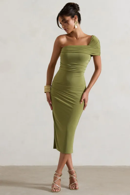 Hawaii | Olive Asymmetric One-Shoulder Split Midi Dress sold by Club L London