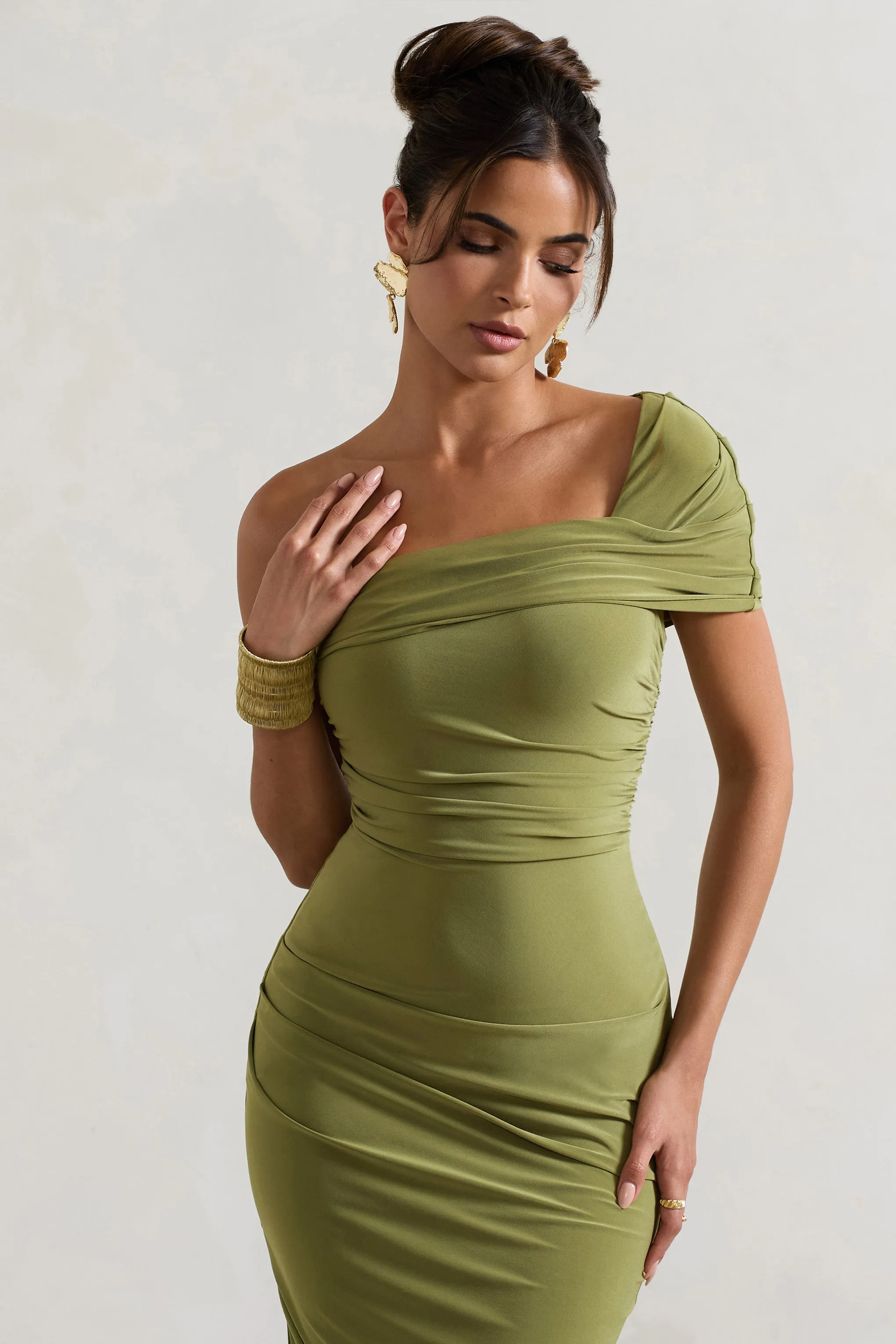 Hawaii | Olive Asymmetric One-Shoulder Split Midi Dress sold by Club L London product image thumbnail 3