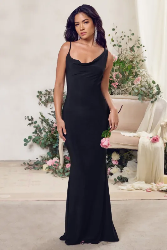 Corinne | Black Asymmetric Cowl Neck Backless Maxi Dress sold by Club L London