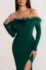 Lucilu | Bottle Green Feather Bardot Long Sleeve Maxi Dress with Side Split sold by Club L London
