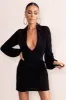 Hot Breeze | Black Plunge Neck Belt Detail Puff Sleeves Mini Dress sold by Club L London