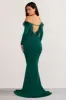 Lucilu | Bottle Green Feather Bardot Long Sleeve Maxi Dress with Side Split sold by Club L London