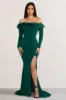 Lucilu | Bottle Green Feather Bardot Long Sleeve Maxi Dress with Side Split sold by Club L London