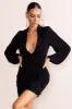 Hot Breeze | Black Plunge Neck Belt Detail Puff Sleeves Mini Dress sold by Club L London