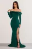 Lucilu | Bottle Green Feather Bardot Long Sleeve Maxi Dress with Side Split sold by Club L London