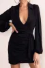 Hot Breeze | Black Plunge Neck Belt Detail Puff Sleeves Mini Dress sold by Club L London