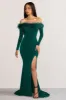 Lucilu | Bottle Green Feather Bardot Long Sleeve Maxi Dress with Side Split sold by Club L London