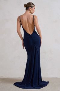 Adele | Navy Backless Ruched Fishtail Cami Maxi Dress sold by Club L London
