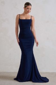 Adele | Navy Backless Ruched Fishtail Cami Maxi Dress sold by Club L London