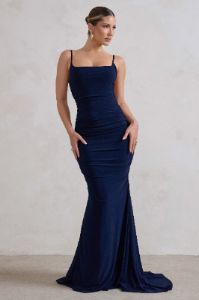 Adele | Navy Backless Ruched Fishtail Cami Maxi Dress sold by Club L London