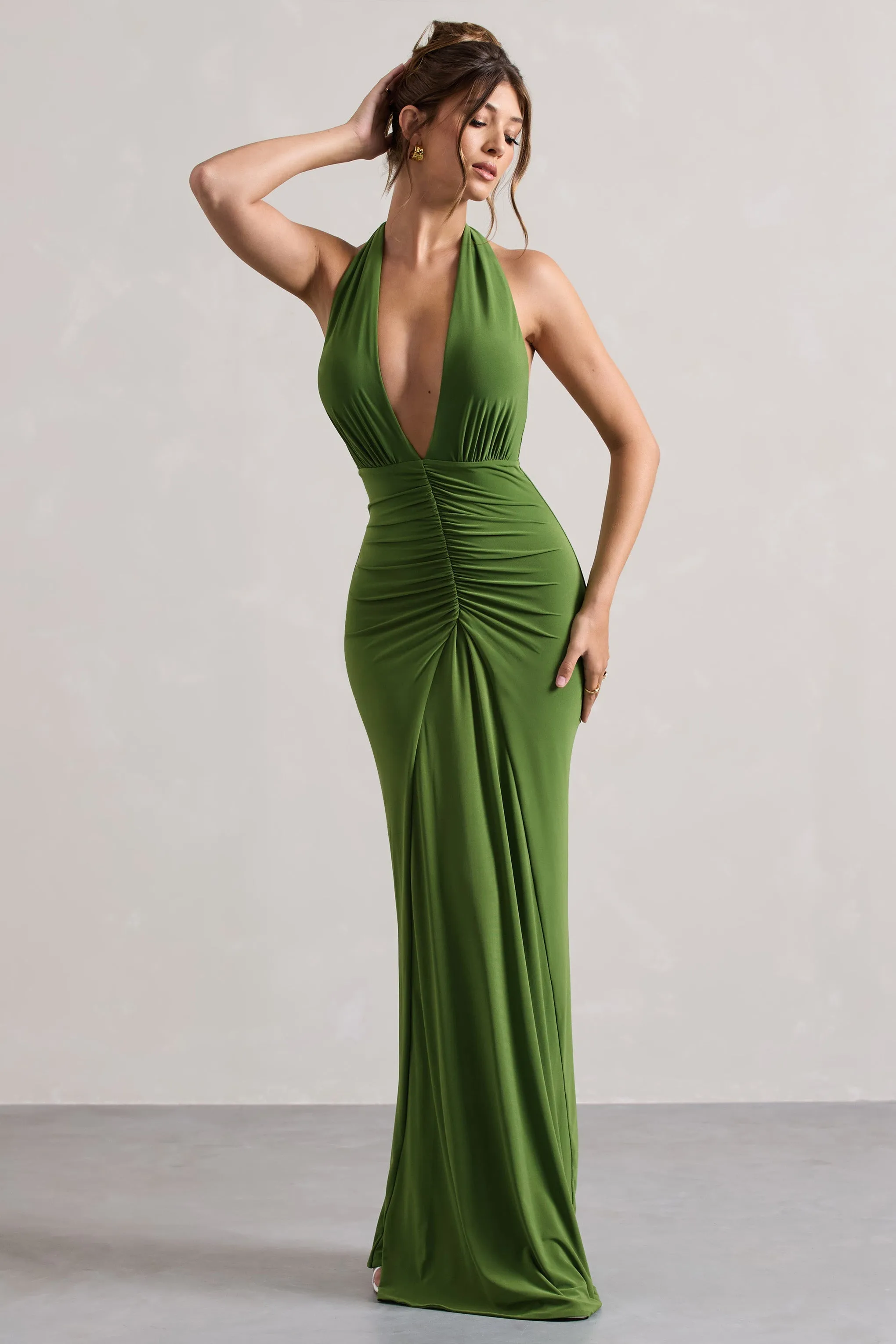 Payton | Palm Green Ruched Halter-Neck Maxi Dress sold by Club L London product image thumbnail 3