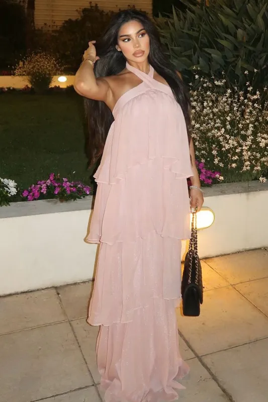 Kassiah | Light Pink Halter-Neck Ruffle Maxi Dress sold by Club L London