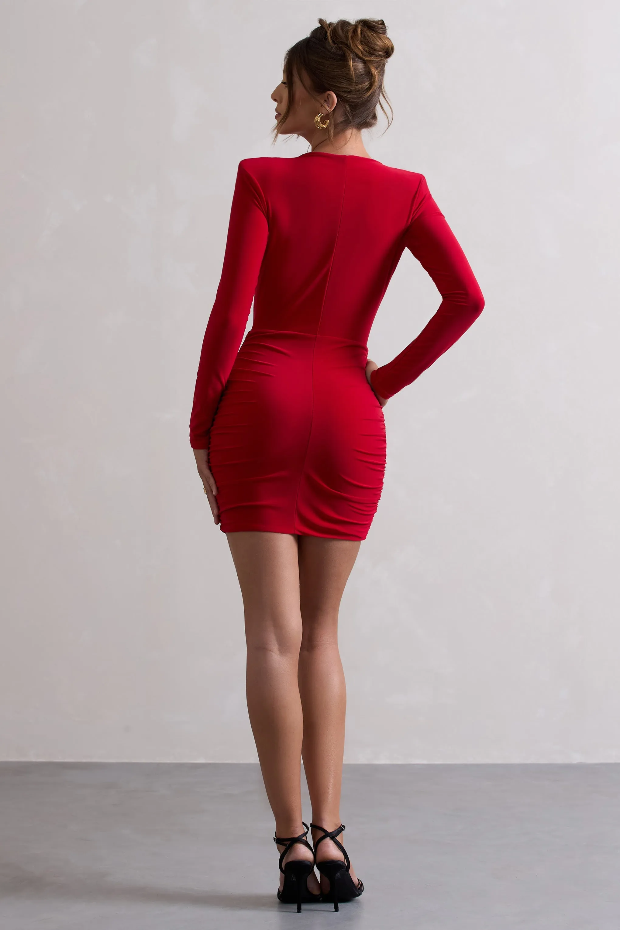 Elara | Red Cowl-Neck Ruched Bodycon Long-Sleeve Mini Dress sold by Club L London product image thumbnail 2