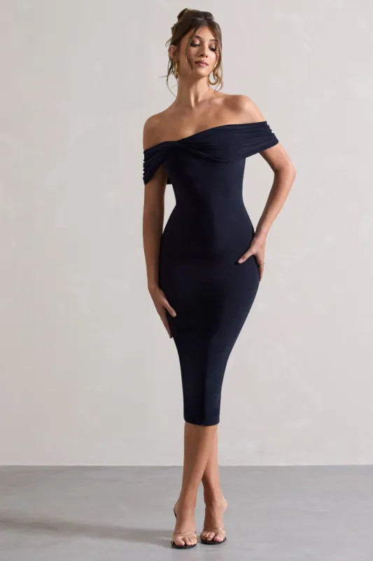 Keely | Navy Bodycon Twisted Bardot Midi Dress sold by Club L London