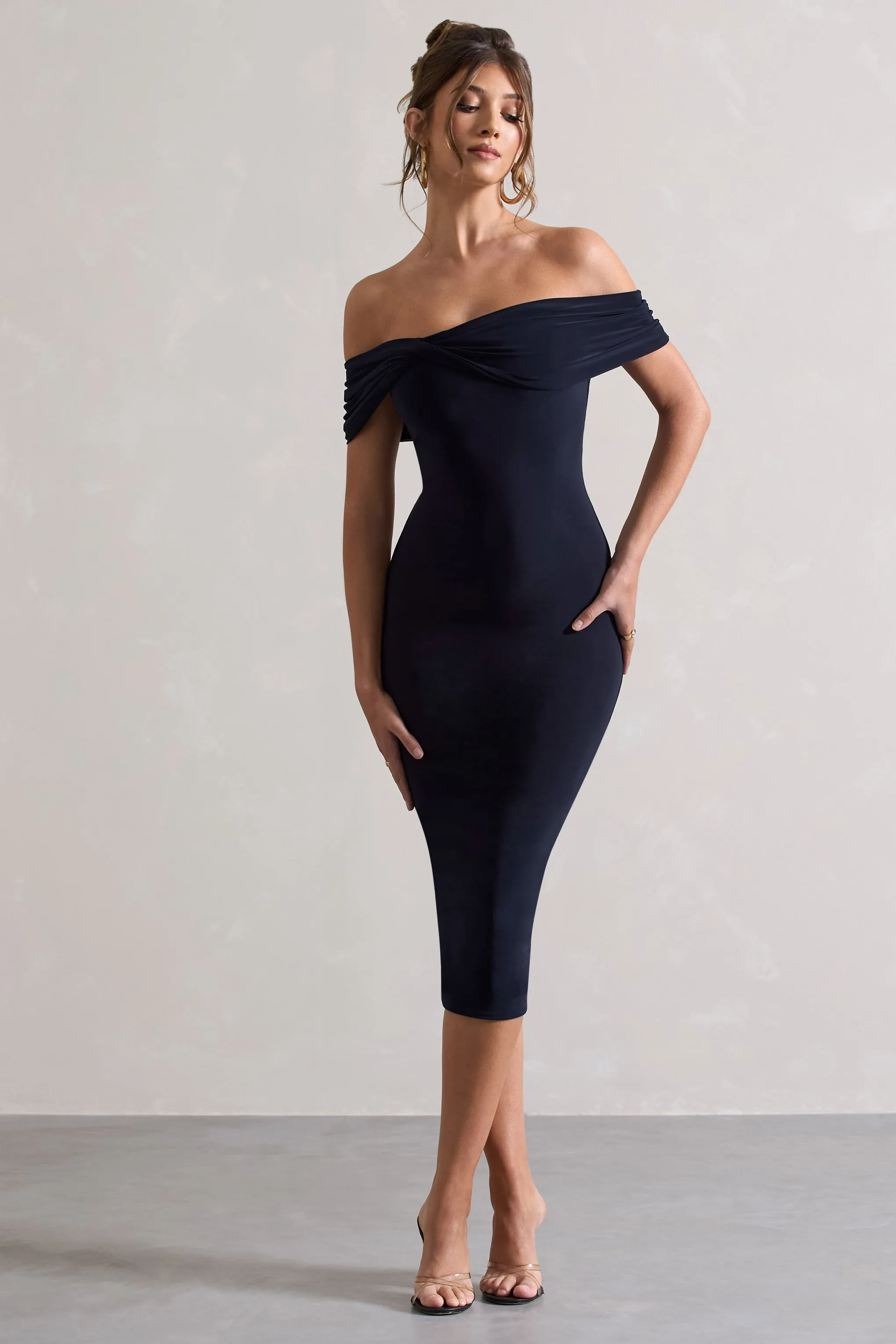 Keely | Navy Bodycon Twisted Bardot Midi Dress sold by Club L London