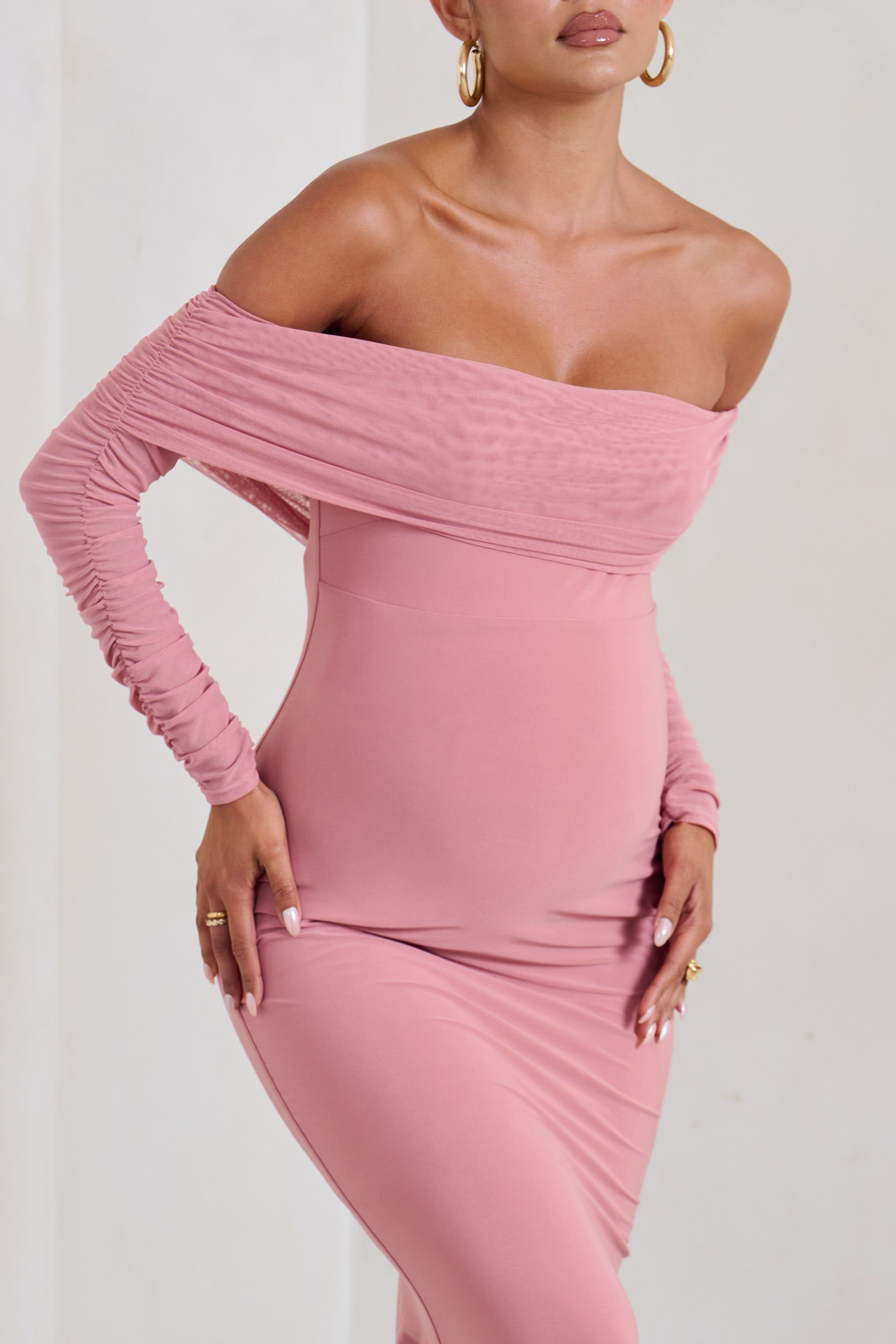 Pretty Perfect | Blush Pink Maternity Ruched Mesh Bardot Maxi Dress sold by Club L London product image thumbnail 3