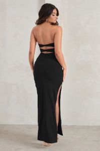 Manon | Black Sweetheart Bandeau Maxi Dress With Thigh Split sold by Club L London