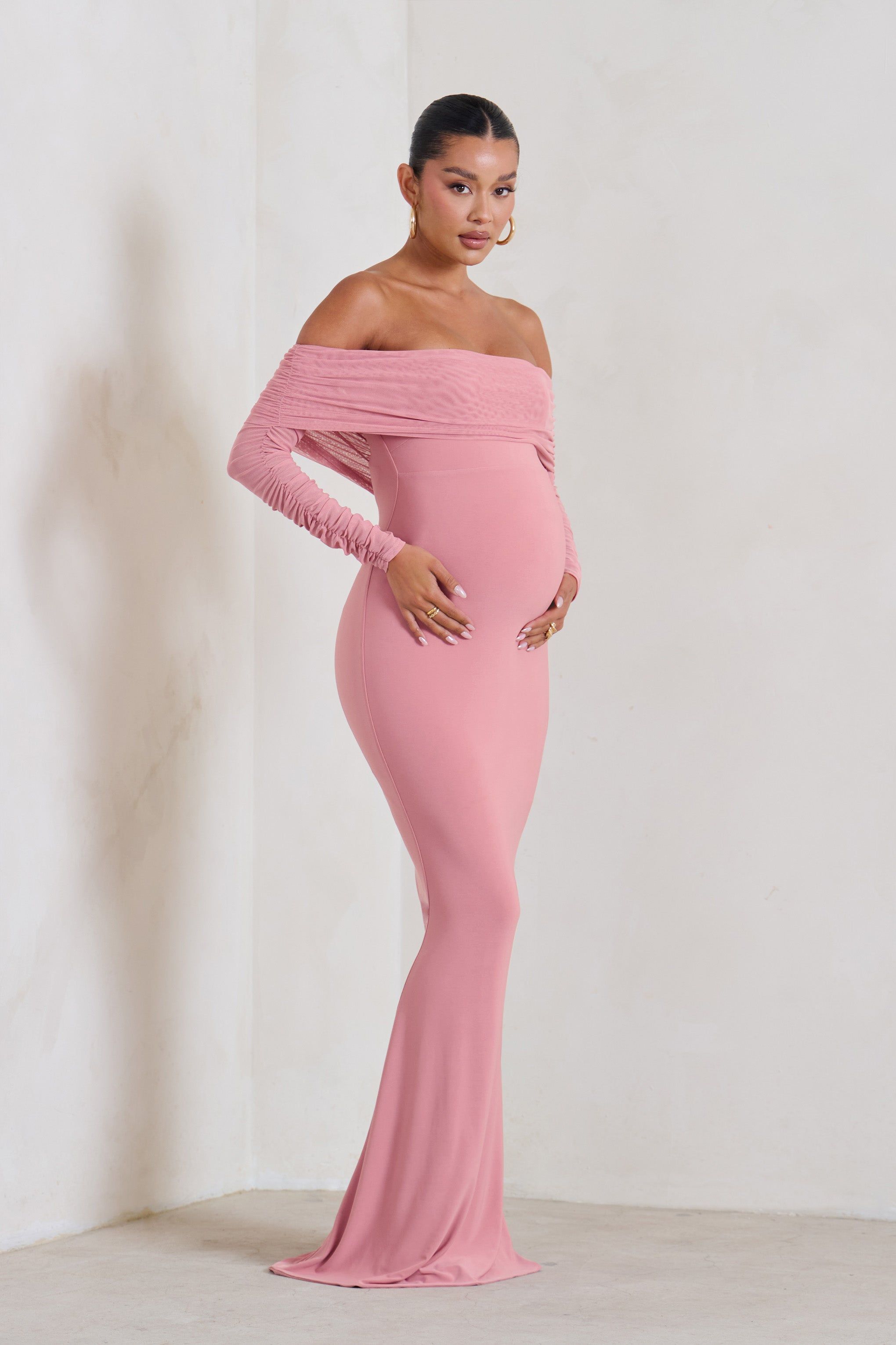 Pretty Perfect | Blush Pink Maternity Ruched Mesh Bardot Maxi Dress sold by Club L London product image thumbnail 4