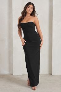 Manon | Black Sweetheart Bandeau Maxi Dress With Thigh Split sold by Club L London