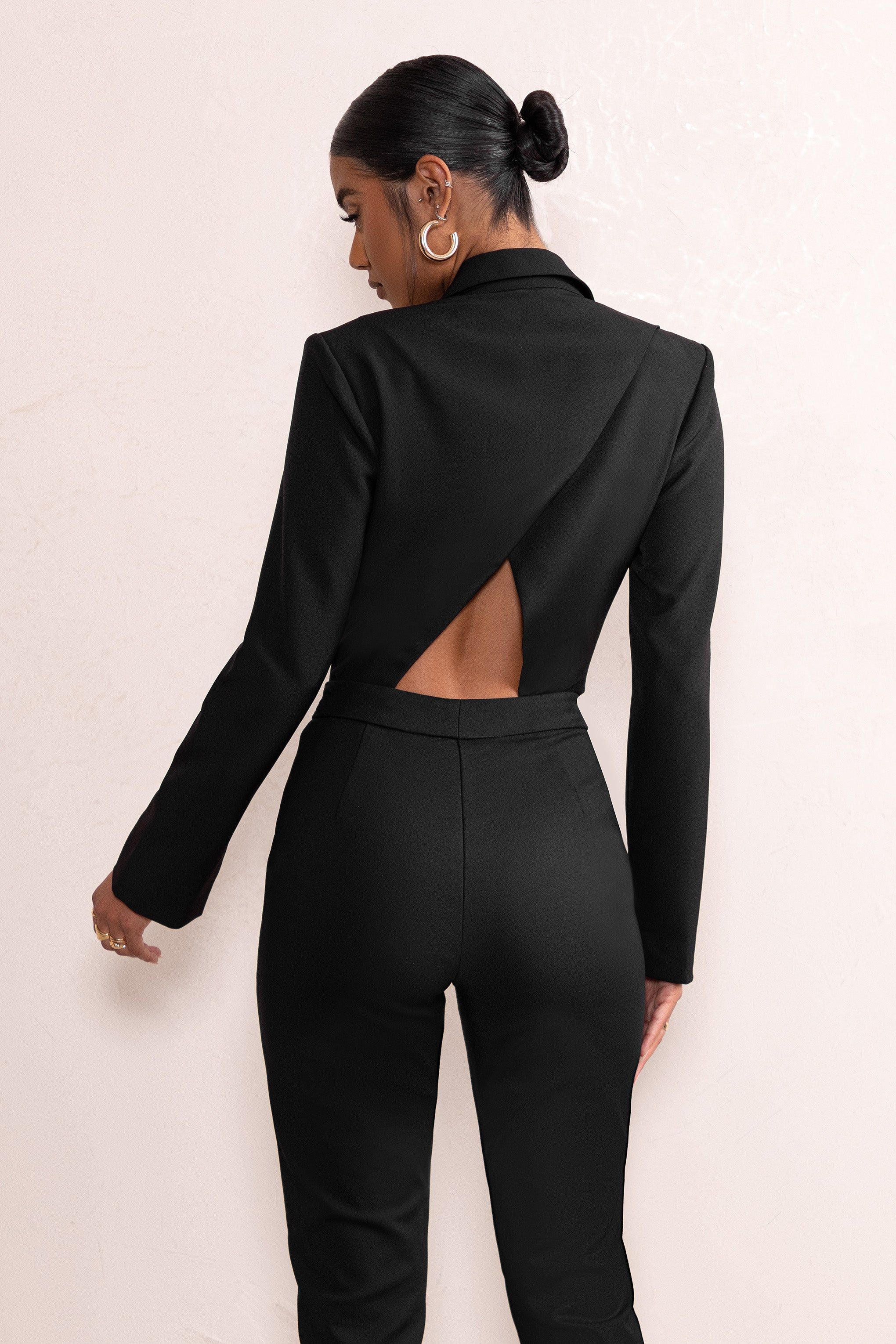 Everlee | Black Plunge Neck Tailored Blazer Bodysuit With Back Cut Out sold by Club L London product image thumbnail 2