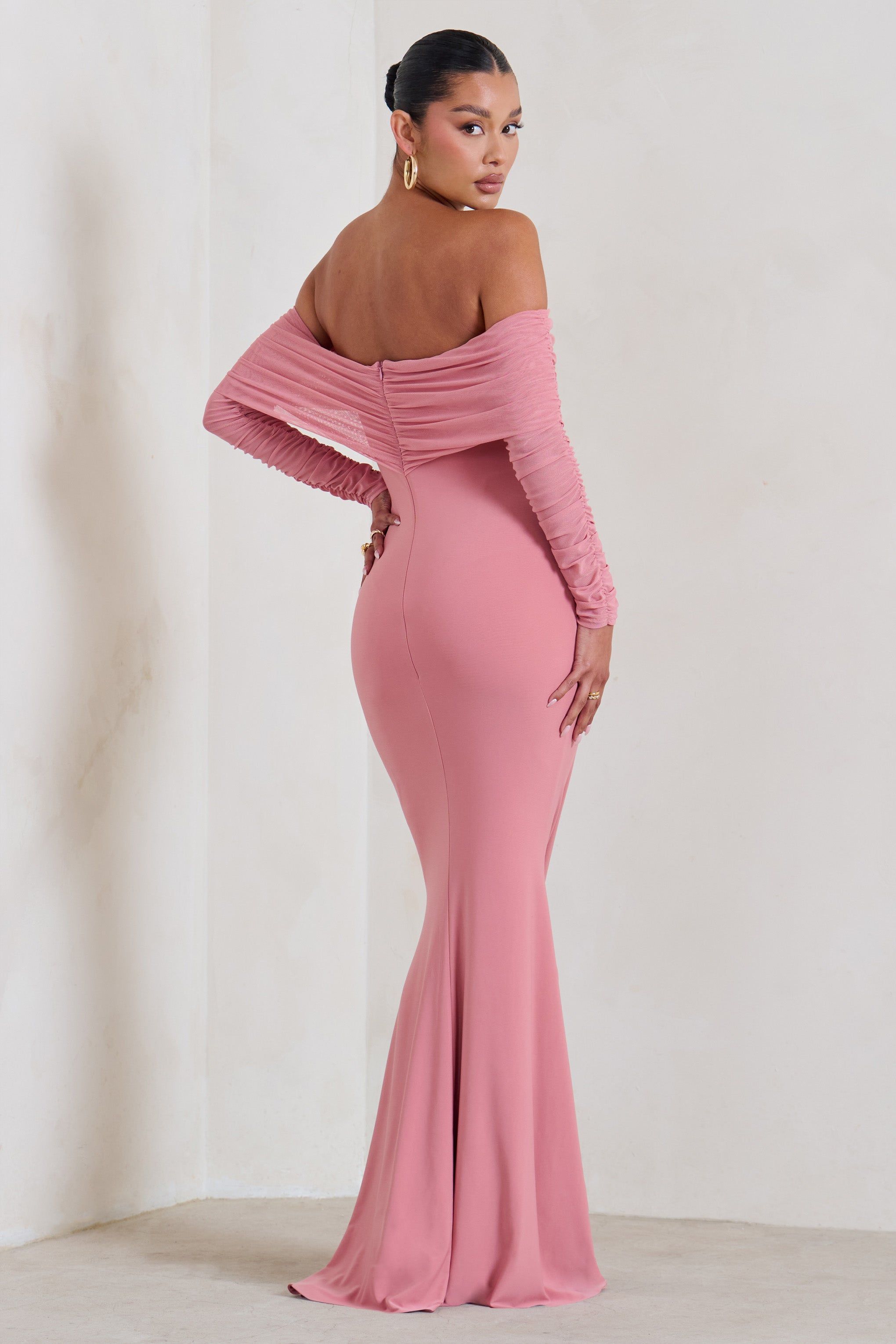 Pretty Perfect | Blush Pink Maternity Ruched Mesh Bardot Maxi Dress sold by Club L London product image thumbnail 2