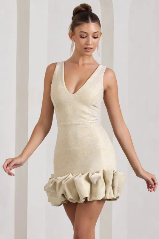 Main Present | Gold Glittered V-Neck Mini Dress With Ruffle Trim sold by Club L London