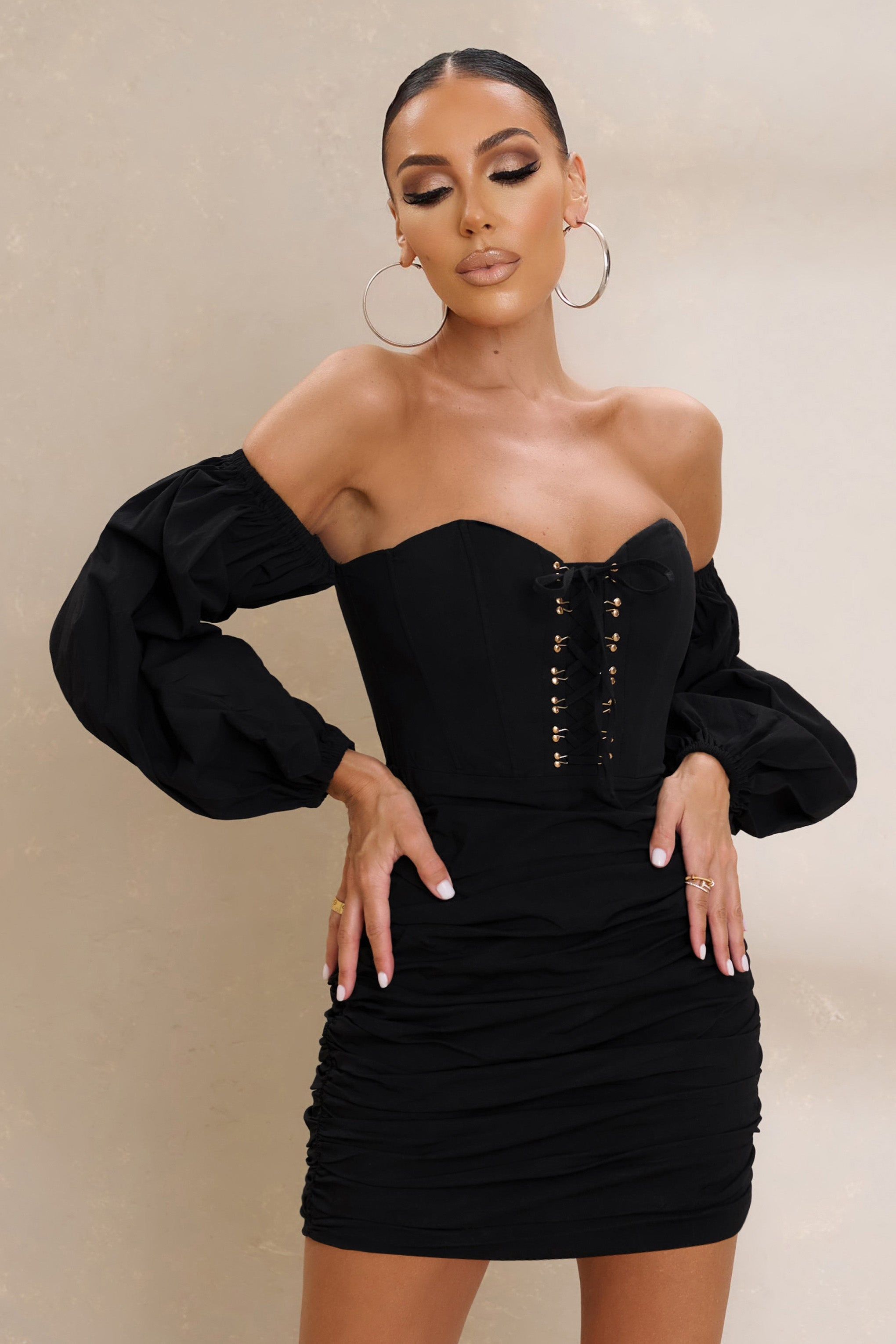 Next Level | Black Bardot Corset Mini Dress sold by Club L London product image thumbnail 4