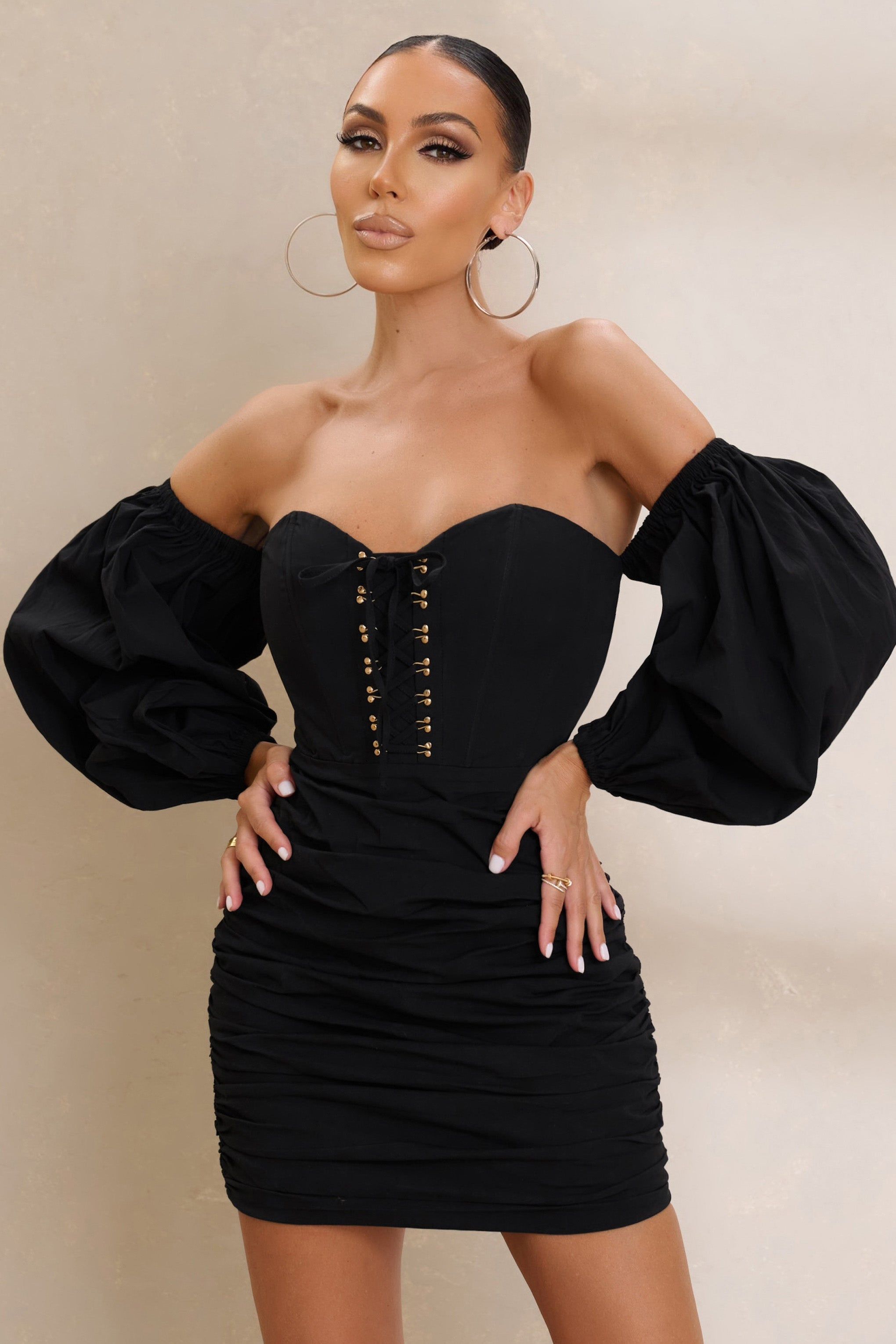 Next Level | Black Bardot Corset Mini Dress sold by Club L London