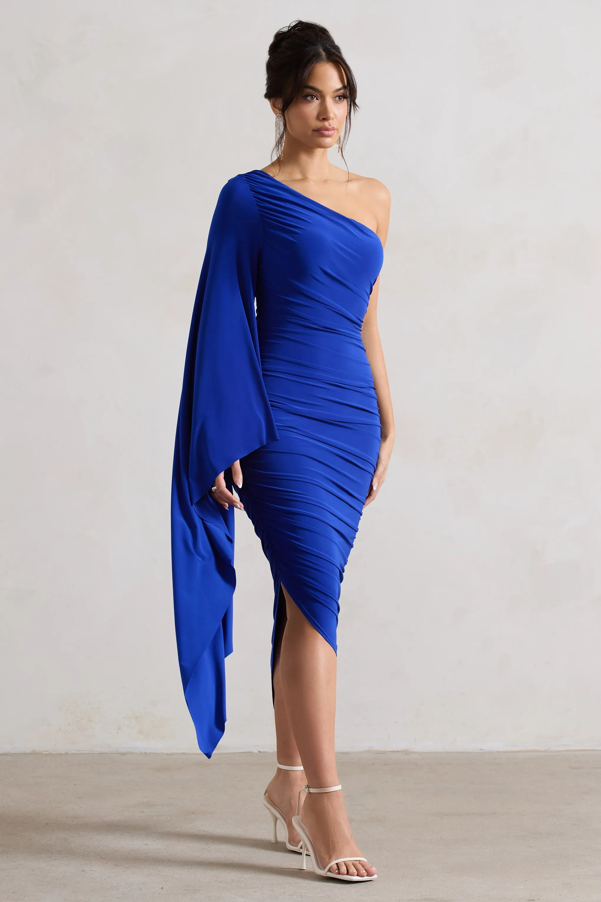 Halsey | Royal Blue Ruched One Shoulder Asymmetric Midi Dress sold by Club L London product image thumbnail 5