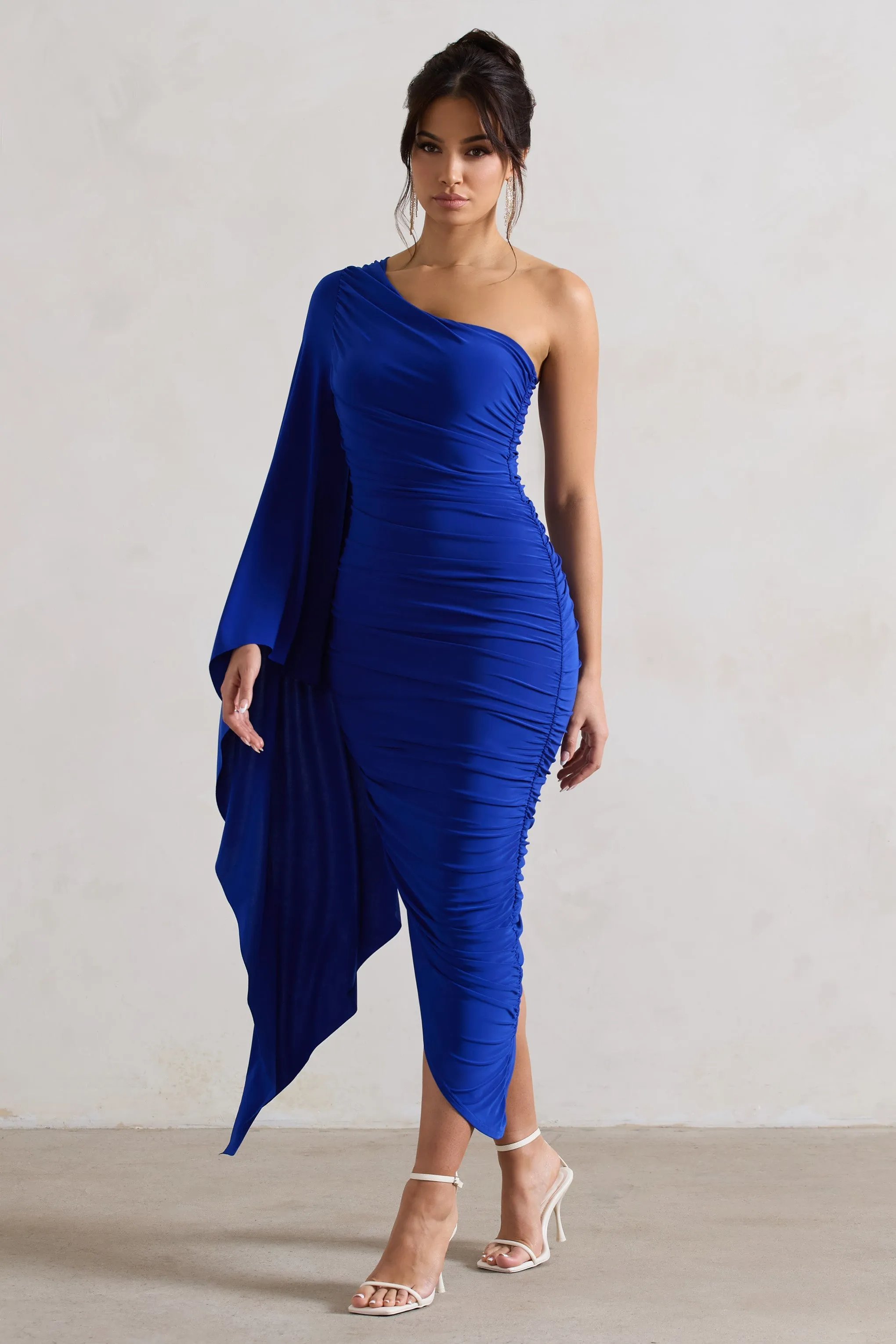 Halsey | Royal Blue Ruched One Shoulder Asymmetric Midi Dress sold by Club L London product image thumbnail 4