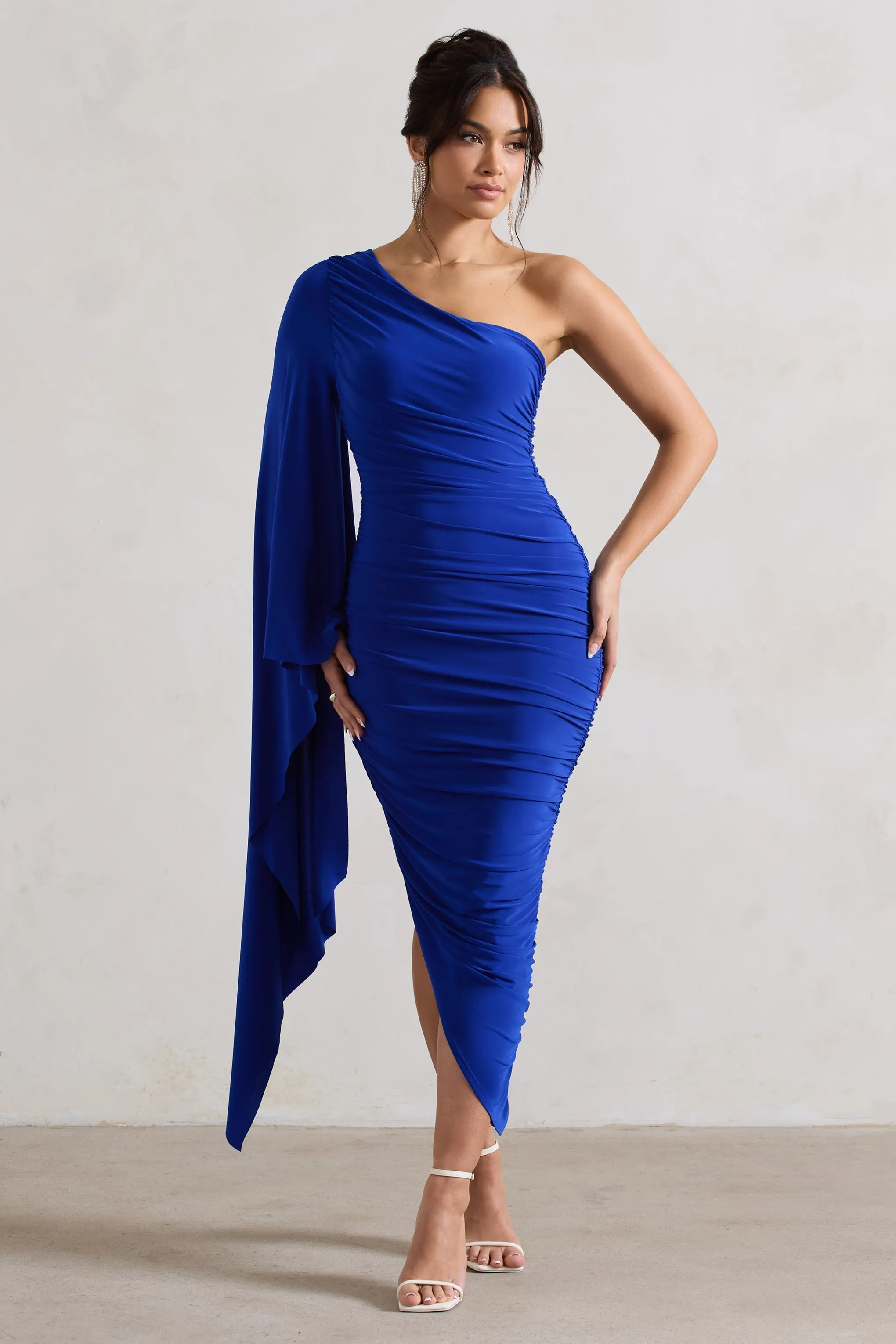 Halsey | Royal Blue Ruched One Shoulder Asymmetric Midi Dress sold by Club L London