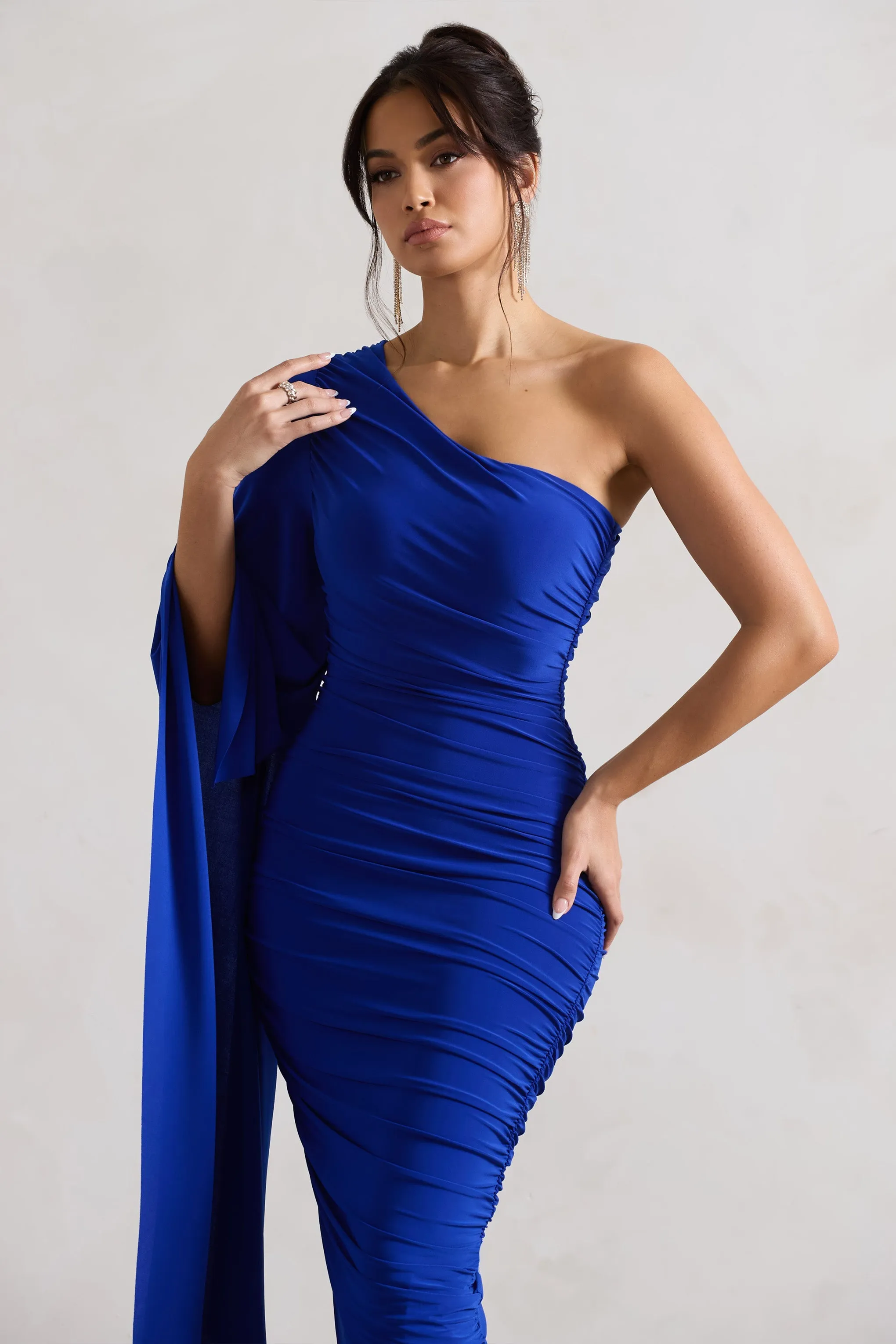Halsey | Royal Blue Ruched One Shoulder Asymmetric Midi Dress sold by Club L London product image thumbnail 3