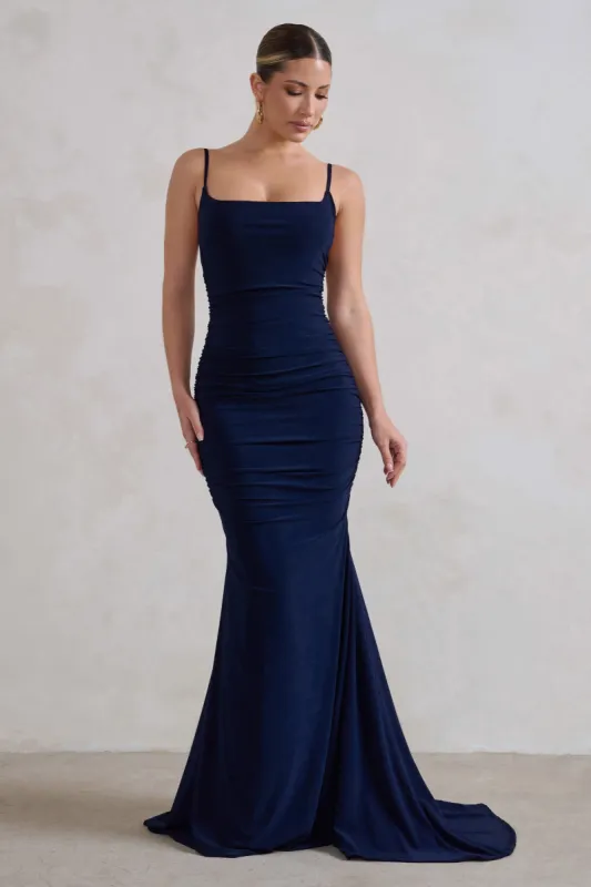 Adele | Navy Backless Ruched Fishtail Cami Maxi Dress sold by Club L London