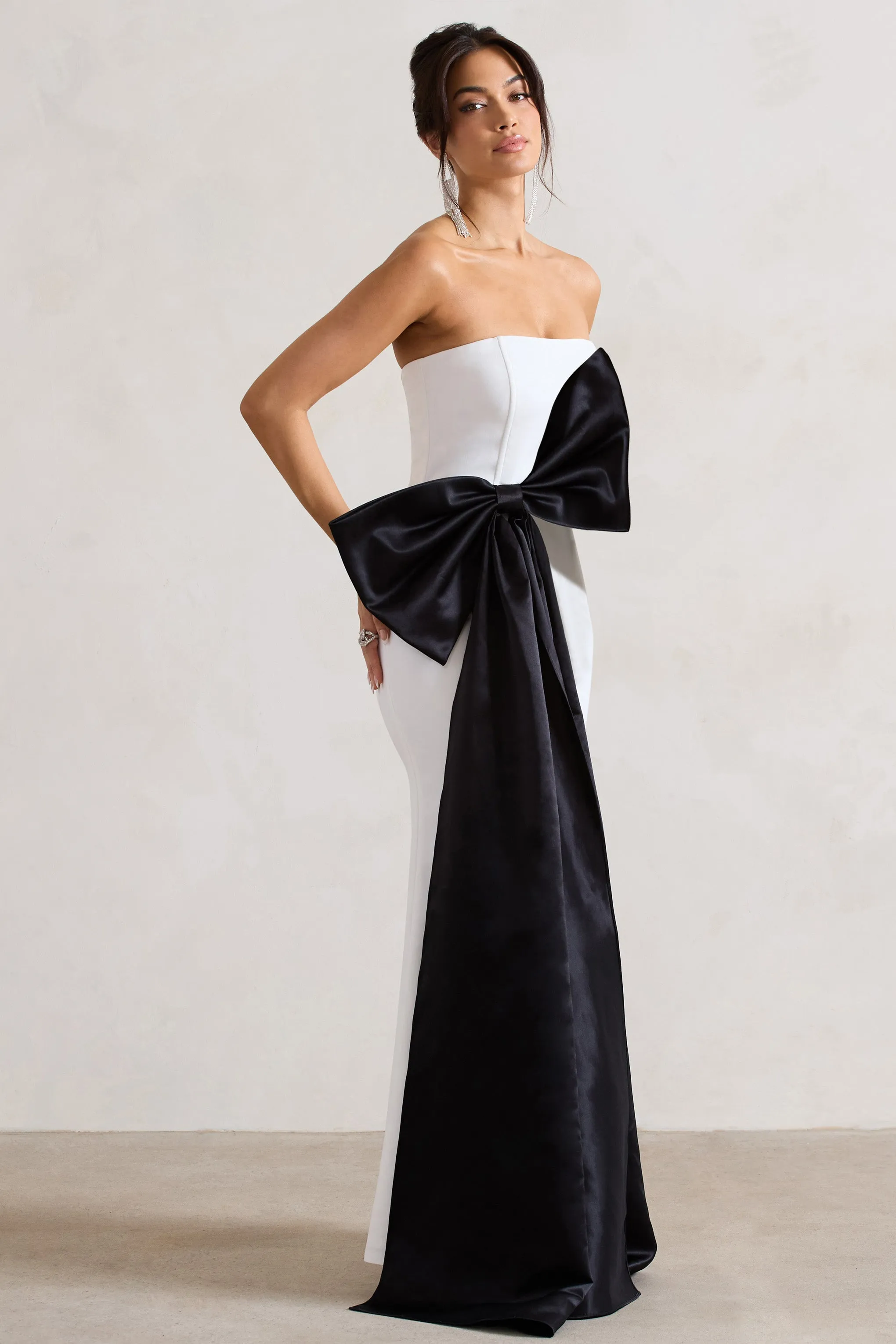 Sincerely | White Bandeau Split Maxi Dress With Oversized Black Bow sold by Club L London product image thumbnail 5