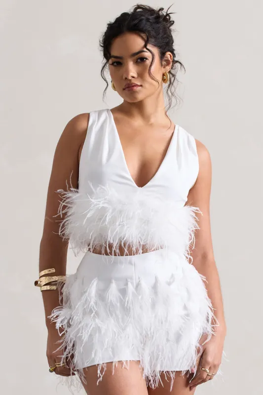 Main Stage | White Plunge-Neck Crop Top With Feather Trim sold by Club L London