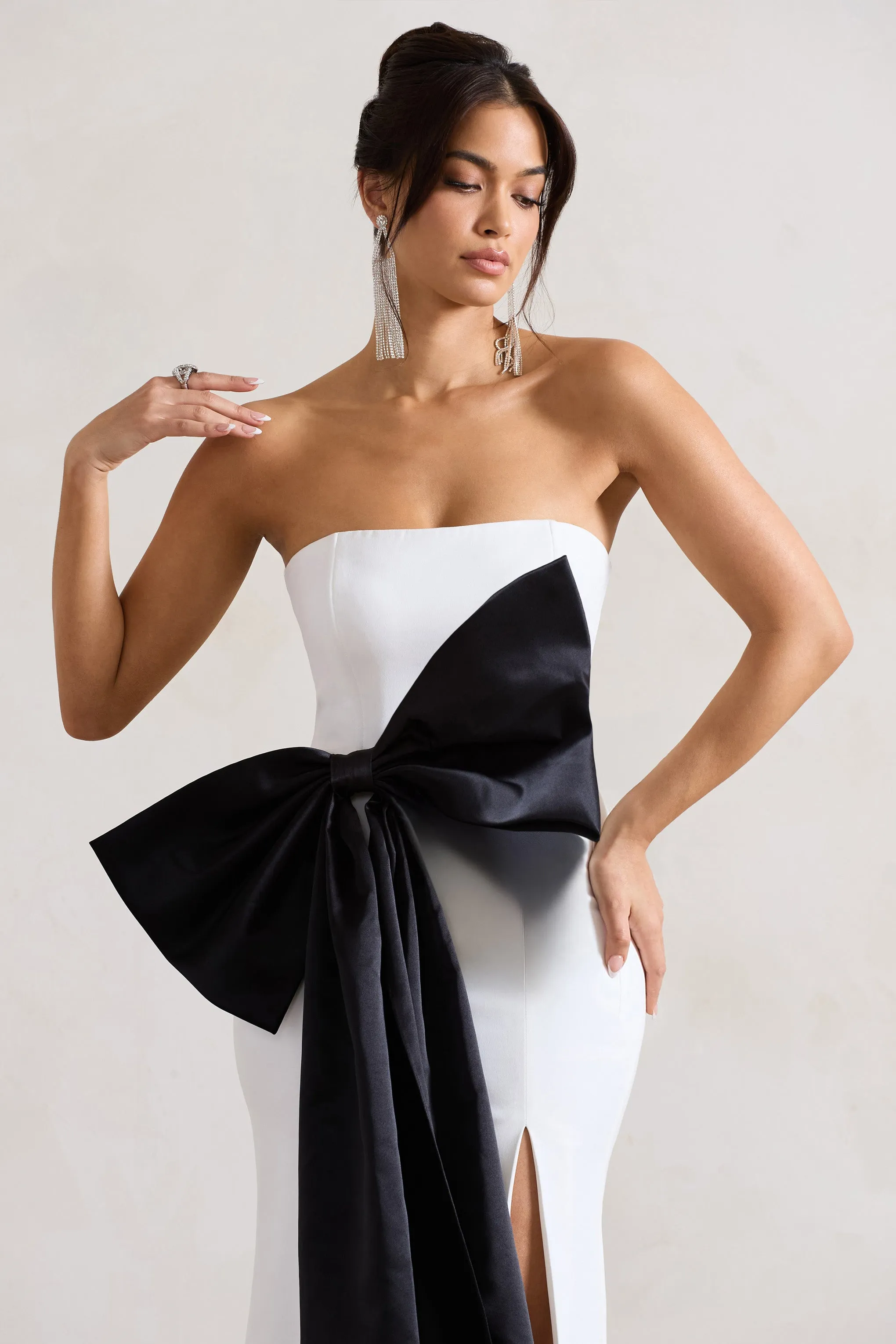Sincerely | White Bandeau Split Maxi Dress With Oversized Black Bow sold by Club L London product image thumbnail 3