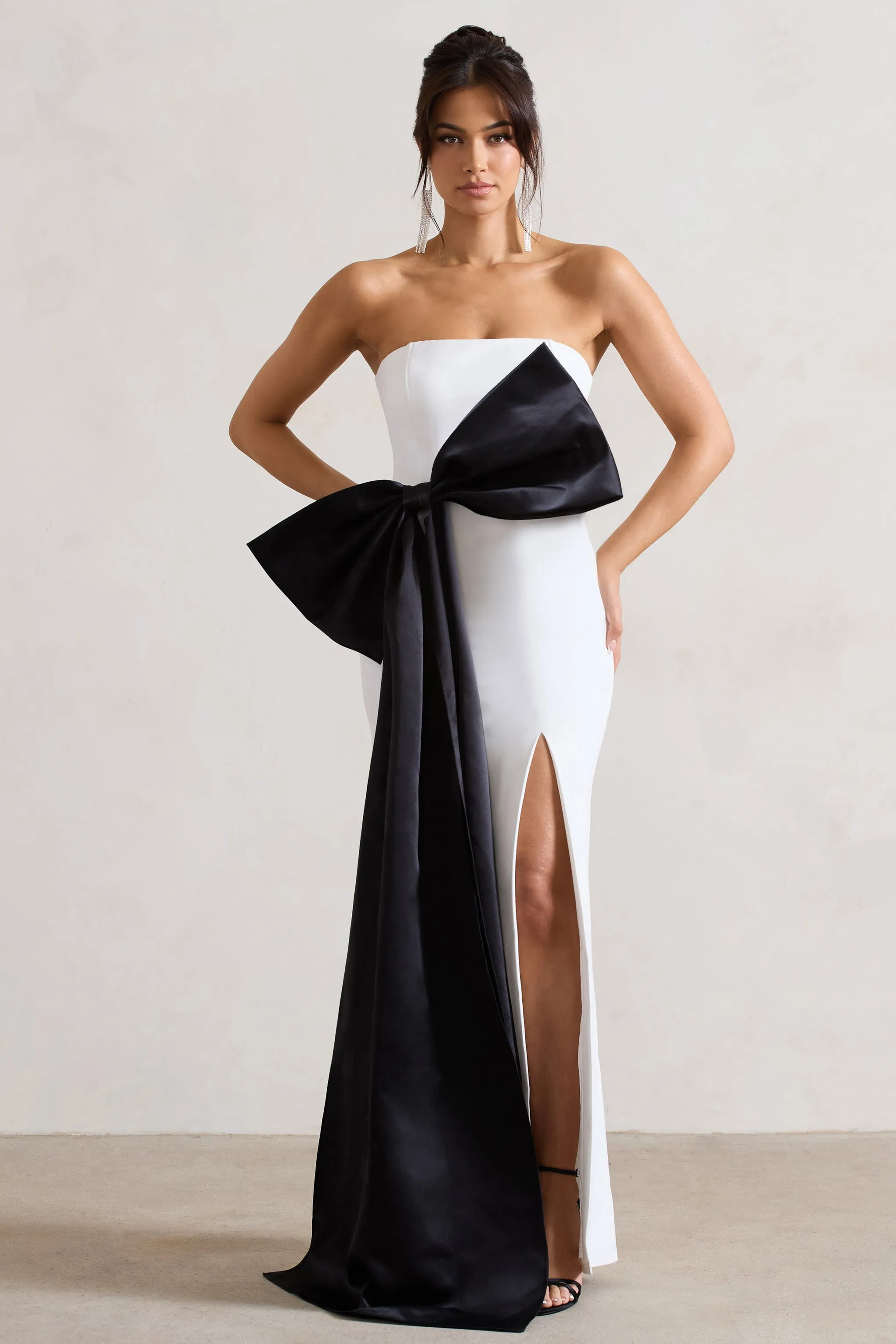 Sincerely | White Bandeau Split Maxi Dress With Oversized Black Bow sold by Club L London product image thumbnail 2