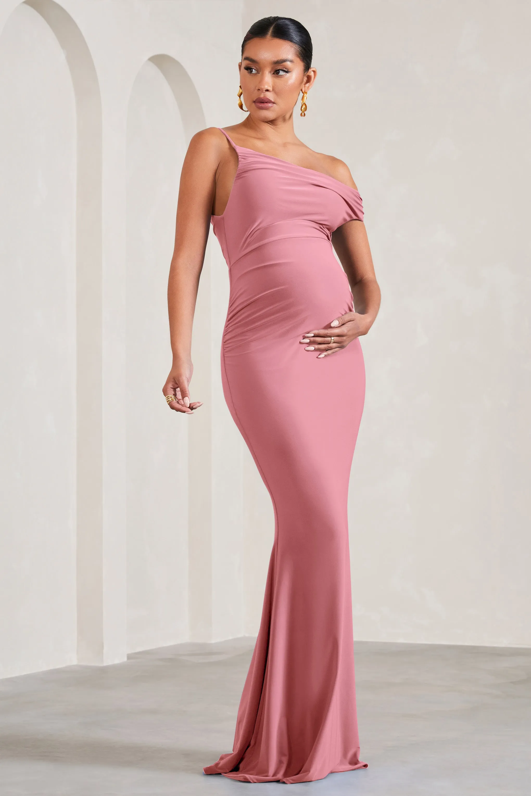 My Wish | Blush Pink Strappy Asymmetric Maternity Maxi Dress sold by Club L London