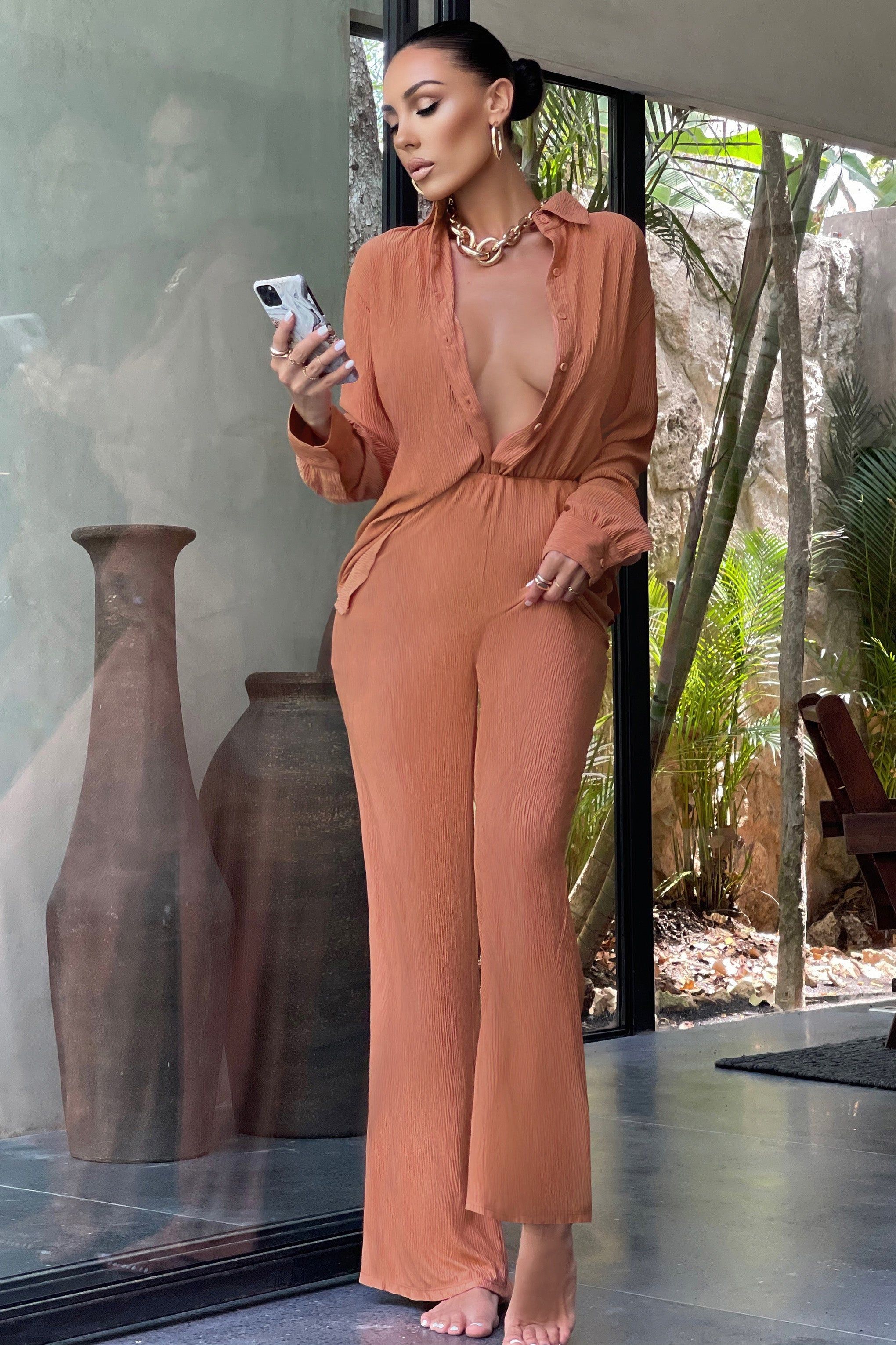 In Focus | Coral Plisse Wide Leg Trousers sold by Club L London product image thumbnail 3