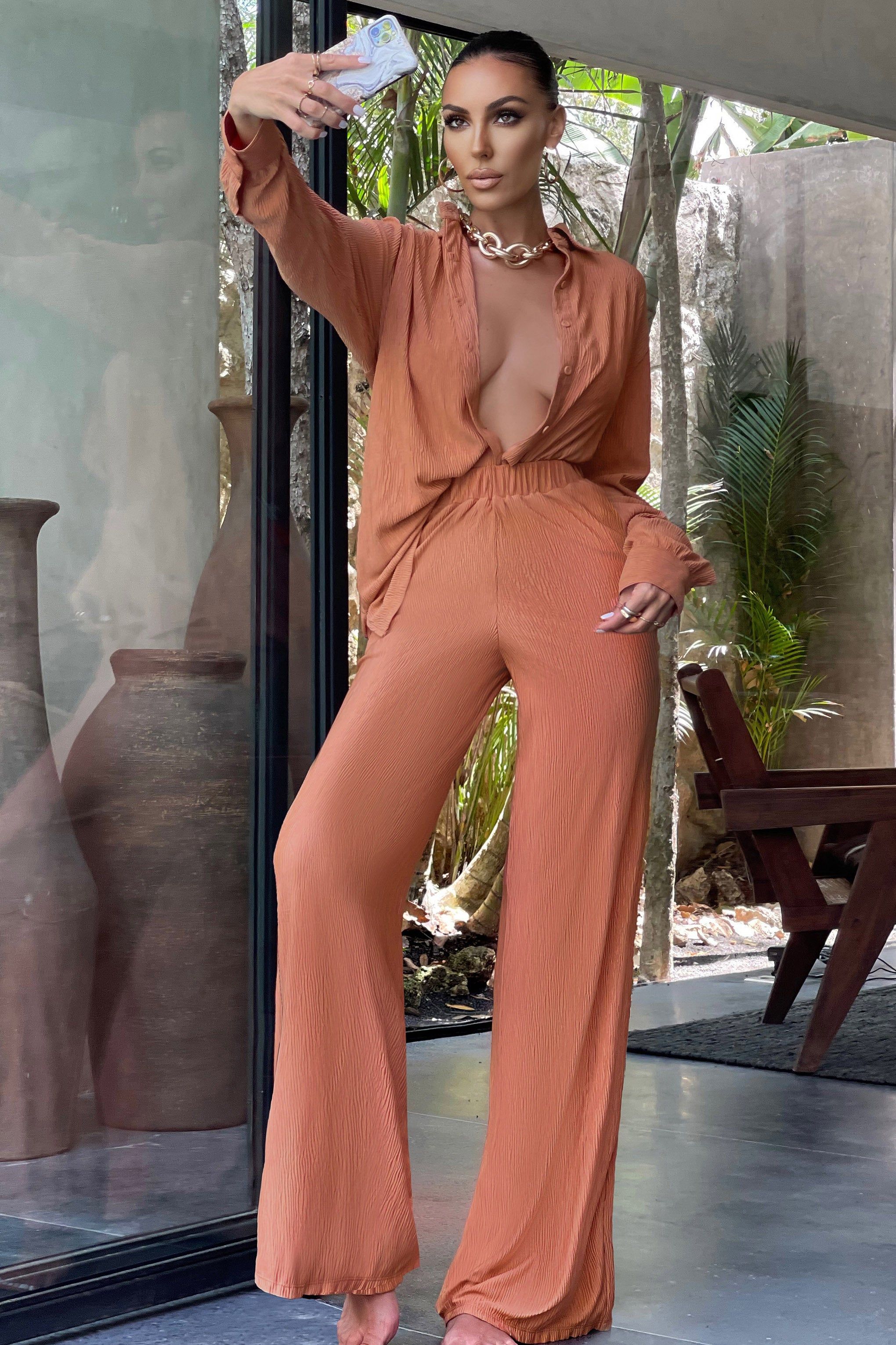 In Focus | Coral Plisse Wide Leg Trousers sold by Club L London product image thumbnail 4