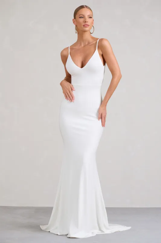 Endless Love | White Backless Knot Detail Fishtail Maxi Dress sold by Club L London