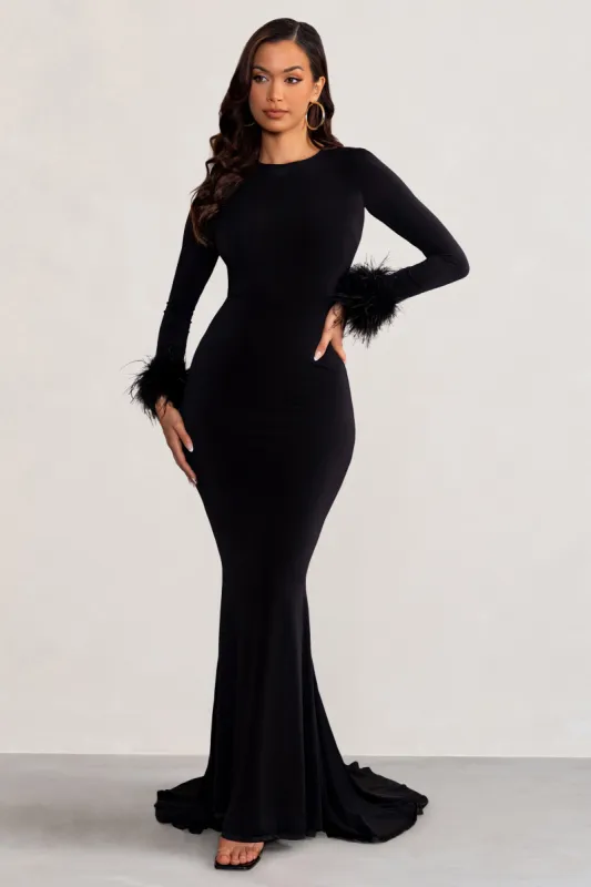 Betty | Black High Neck Long Sleeve Maxi Dress with Feather Cuffs sold by Club L London