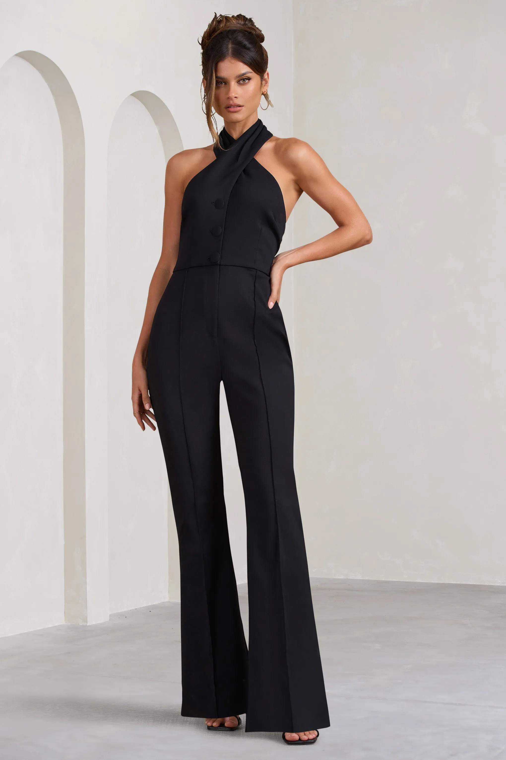 Don't Cross Me | Black Halter Neck Tailored Buttoned Sleeveless Jumpsuit sold by Club L London product image thumbnail 4