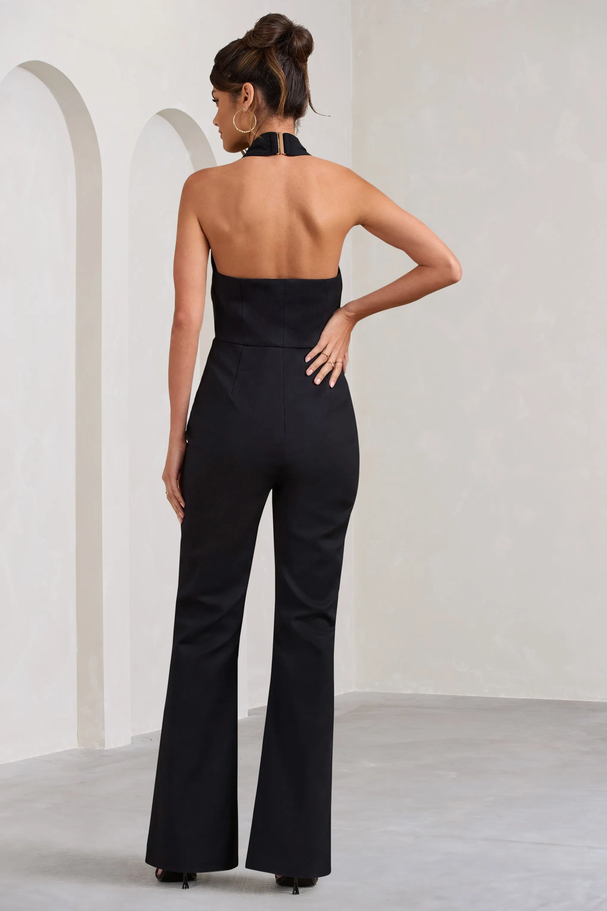 Don't Cross Me | Black Halter Neck Tailored Buttoned Sleeveless Jumpsuit sold by Club L London product image thumbnail 2