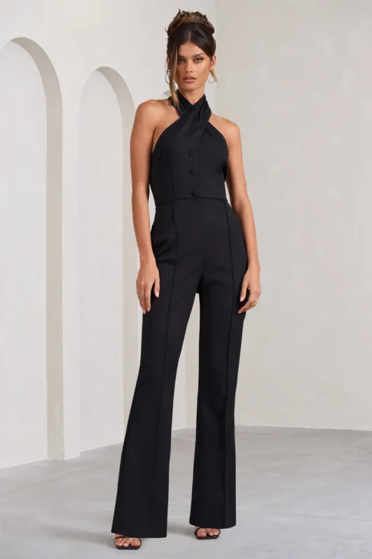 Don't Cross Me | Black Halter Neck Tailored Buttoned Sleeveless Jumpsuit sold by Club L London