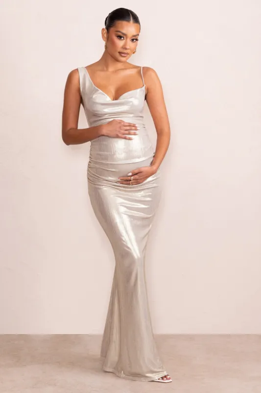Galaxy Shimmer | Gold Maternity Cowl Neck Maxi Dress sold by Club L London